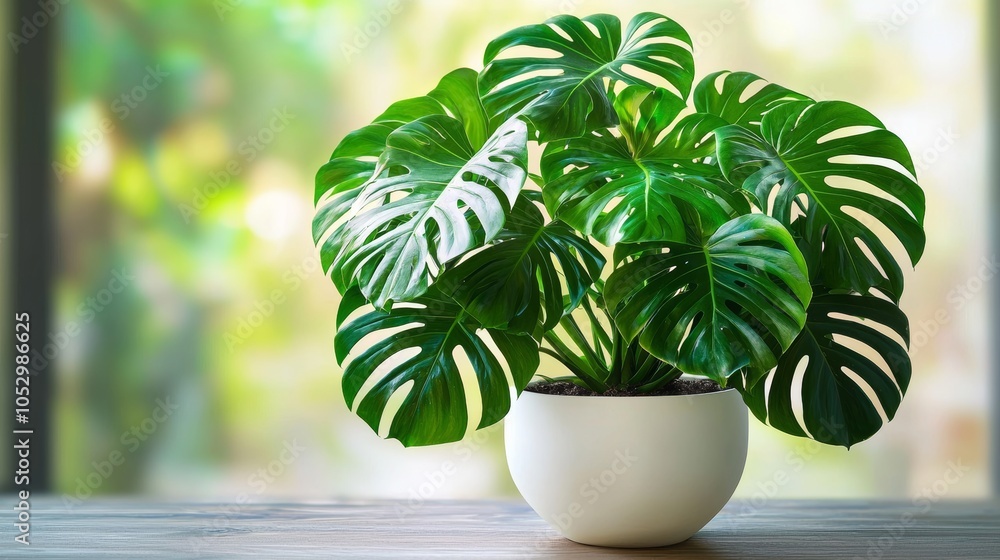 Close-up of a huge monstera plant in a white pot, clean background, lush green leaves, sharp detail, perfect for high-end advertising material Close-up of a huge monstera plant in a white pot, clean background, lush green leaves, sharp detail, perfect for high-end advertising material