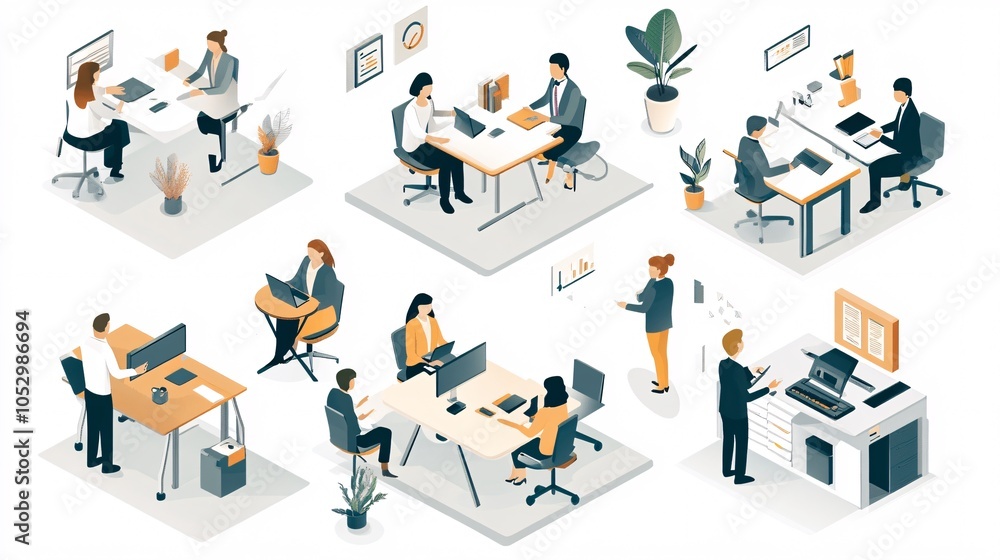 2410_034.corporate teamwork isometric illustrations, 3d office scene collection, vector art style, business professionals collaborating, muted color palette, clean geometric forms, modern workplace 2410_034.corporate teamwork isometric illustrations, 3d office scene collection, vector art style, business professionals collaborating, muted color palette, clean geometric forms, modern workplace