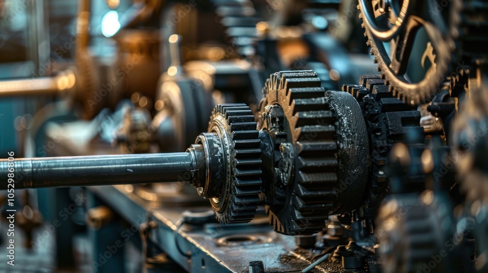 Obraz premium Gears and metal components in an industrial machinery manufacturing environment.