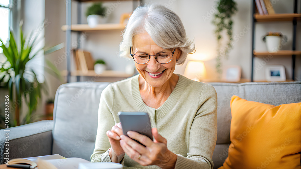 Portrait, Happy retired woman using smartphone chat with friend Portrait, Happy retired woman using smartphone chat with friend