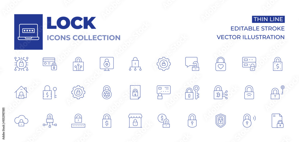 Lock icons collection. Thin Line icons, editable stroke. lock, locked card, locked, money, server, shop, smart lock, cyber security, house, security system, padlock, password Lock icons collection. Thin Line icons, editable stroke. lock, locked card, locked, money, server, shop, smart lock, cyber security, house, security system, padlock, password