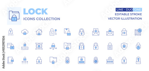 Lock icons collection. Line Duotone style, editable stroke. smart lock, padlock, lock, locked, cyber security, house, security system, password, protection, email, confidential, login