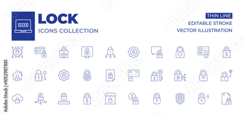 Lock icons collection. Thin Line icons, editable stroke. lock, locked card, locked, money, server, shop, smart lock, cyber security, house, security system, padlock, password