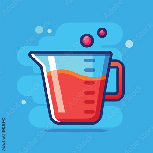 A red liquid fills a measuring cup with bubbles rising to the surface.