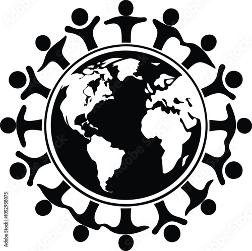 People Around the World Icon – Group of Figures Standing Around Planet Earth Silhouette on White Background.