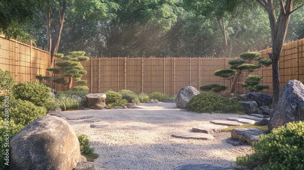 Fototapeta premium Peaceful Zen Garden with Lush Greenery and Rocks