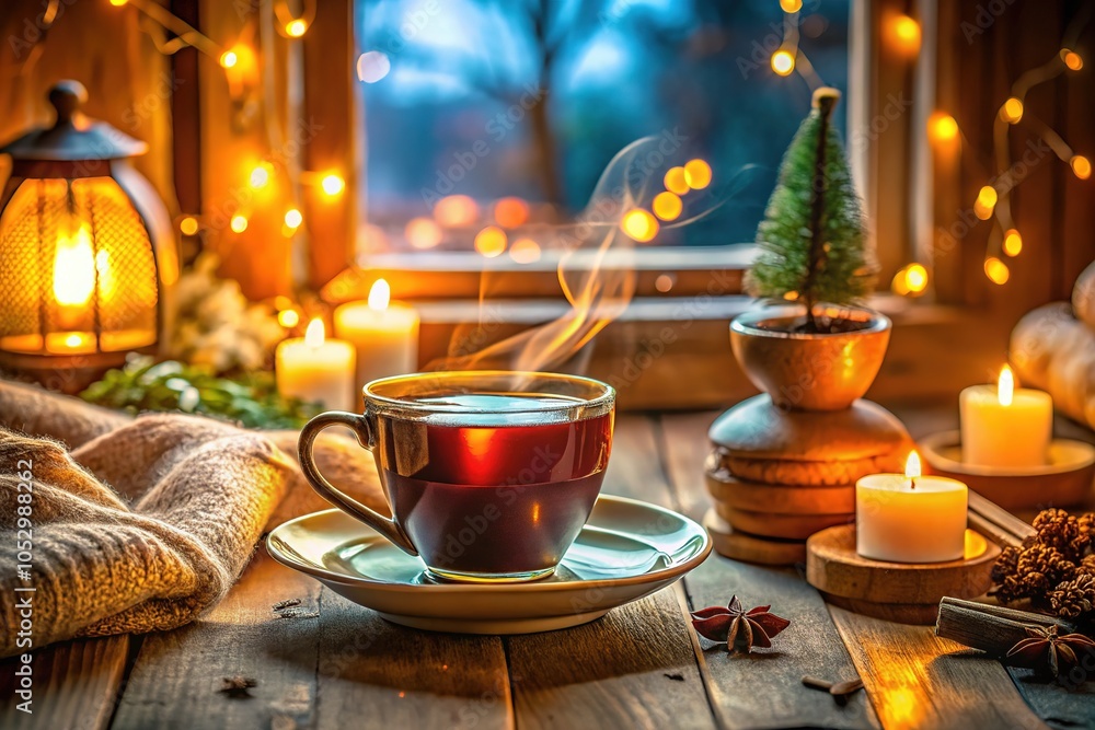 Fototapeta premium Indulge in a cozy hygge moment with a warm cup of tea, soft textiles, and gentle lighting, fostering relaxation and comfort in your living space.