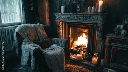 Cozy Winter Retreat: Muted Cyberpunk Neo-Noir Style Armchair by the Fireplace