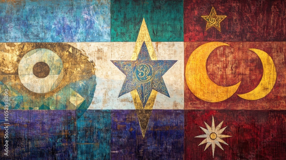 This mural artwork features religious symbols like the cross, crescent, Om, and Star of David, creating a cohesive design that celebrates peaceful coexistence and cultural diversity on a vibrant wall. This mural artwork features religious symbols like the cross, crescent, Om, and Star of David, creating a cohesive design that celebrates peaceful coexistence and cultural diversity on a vibrant wall.