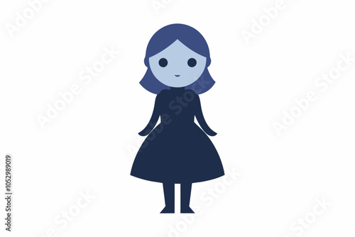 Doll in a dark blue dress isolated on white