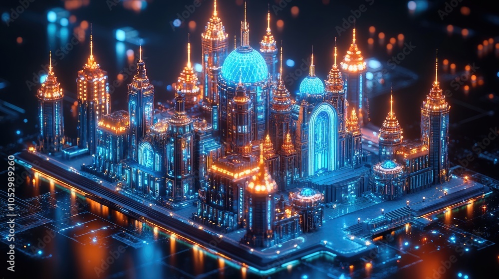 Obraz premium A futuristic city built on a circuit board with glowing lights.