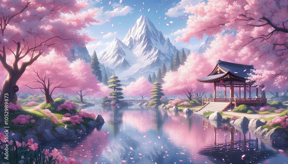 Obraz premium Tranquil Japanese Garden in Bloom Cherry Blossom Season by the Lake