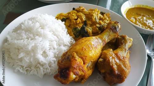 Traditional Malaysian Meal with White Rice, Aromatic Curry, Sambal Belacan, and Fresh Vegetables on a Dinner Plate - A Flavorful and Colorful Dining Experience photo