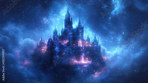 A majestic, glowing castle sits atop a cloud in a starry sky.