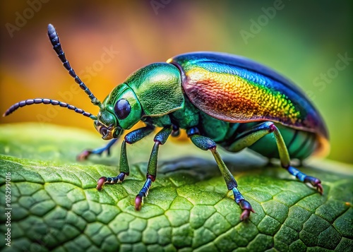 Macro lens unveils the beauty of a beetle on a leaf.