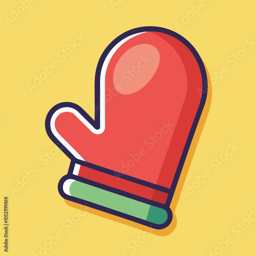 Red oven mitt with a green trim, perfect for handling hot dishes.