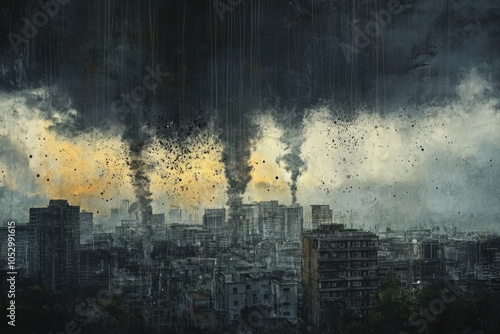 An artistic representation of acid rain falling over an urban landscape, capturing the environmental impact and mood, with dark clouds and a polluted cityscape