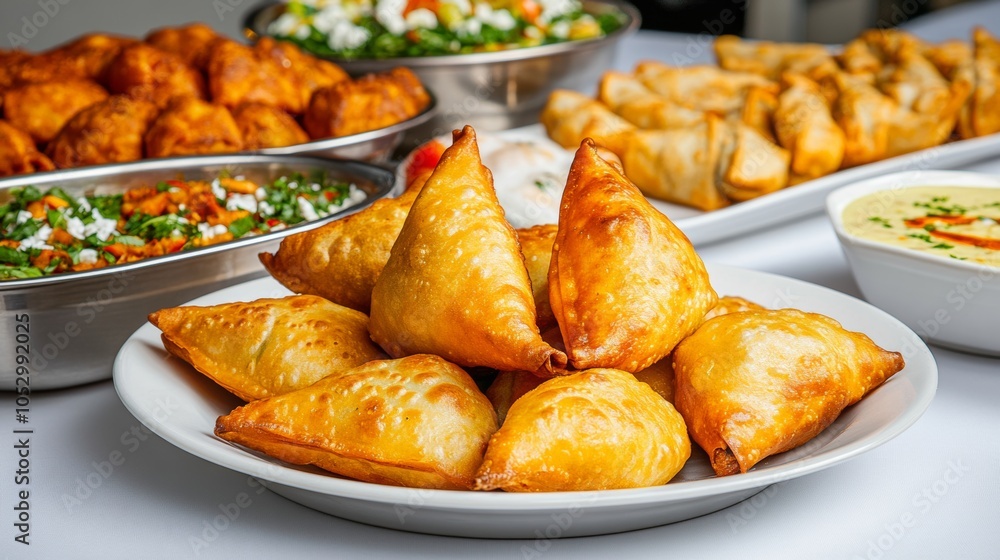 Crispy Golden Fried Samosas Indian Food Snack Appetizer Cuisine Restaurant Plate Crispy Golden Fried Samosas Indian Food Snack Appetizer Cuisine Restaurant Plate