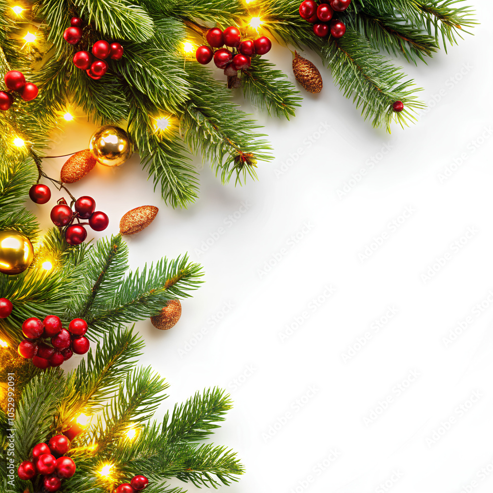 Top view - Christmas tree branches border corner garland with green fir, gold lights and red berries on isolated white background Top view - Christmas tree branches border corner garland with green fir, gold lights and red berries on isolated white background