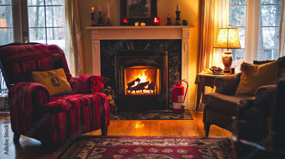 cozy living room featuring warm fireplace, comfortable seating, and fire extinguisher for safety. inviting atmosphere is enhanced by soft lighting and decorative elements