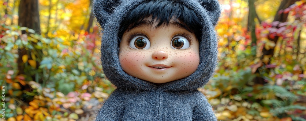 Charming Child in Cozy Animal Hoodie in Autumn Forest Charming Child in Cozy Animal Hoodie in Autumn Forest