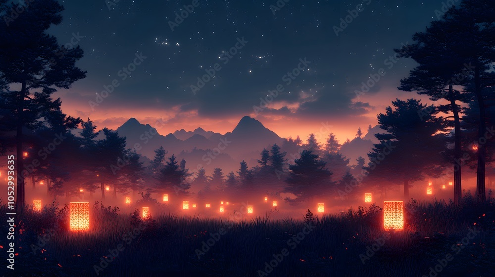 Naklejka premium Festive January scene with colorful lanterns and glowing lights, watercolor and layered papercut style, vibrant night sky