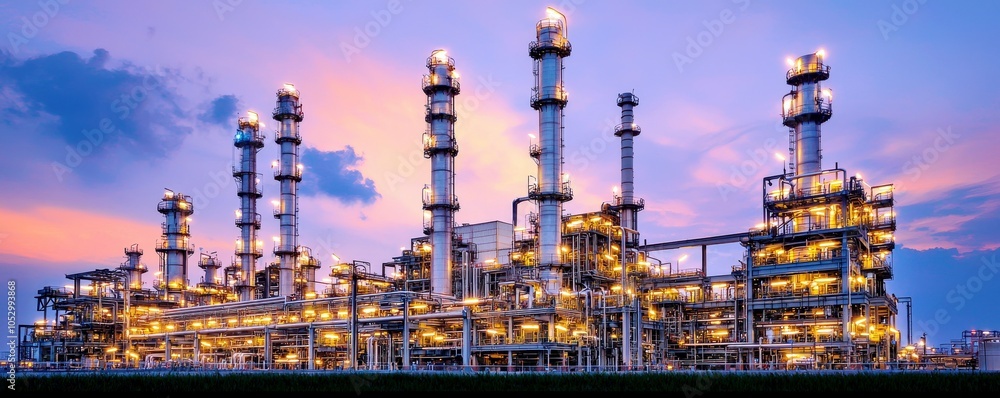 Oil Refinery Plant at Sunset with Glowing Lights Oil Refinery Plant at Sunset with Glowing Lights