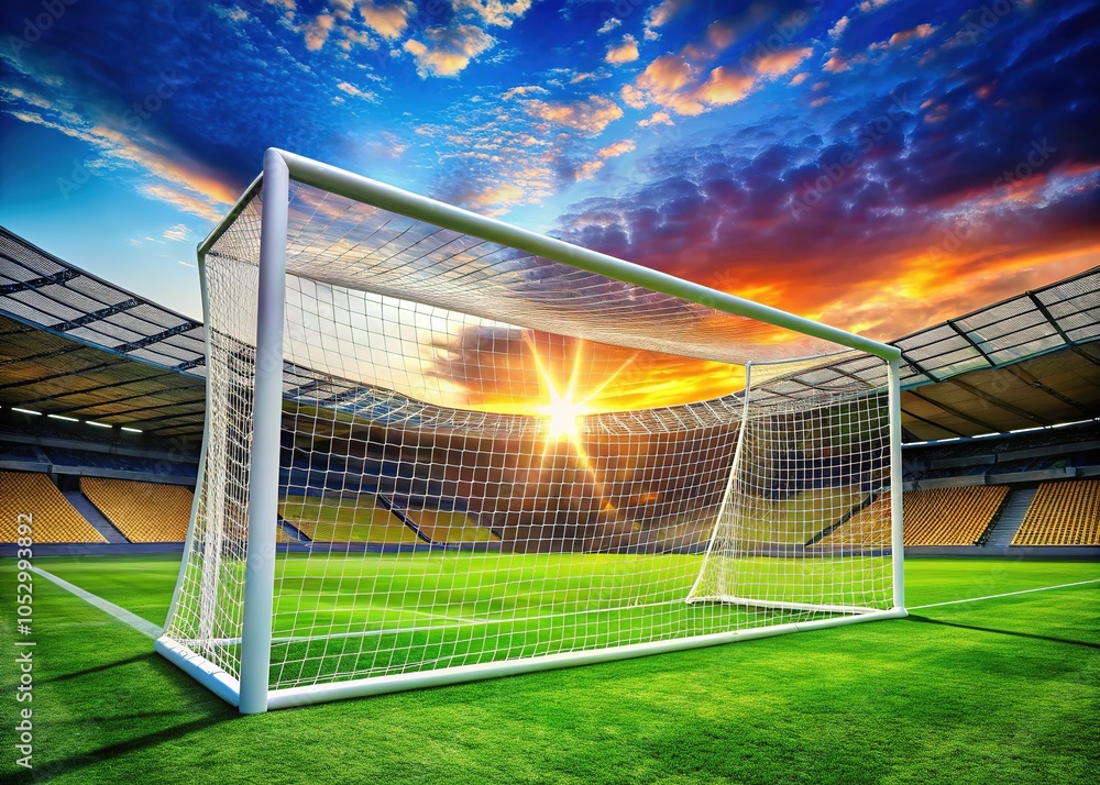 Fototapeta premium Nestled in a stadium, a football goal overlooks lush green grass, with a bright white background that enhances sports imagery and captures the game's essence.