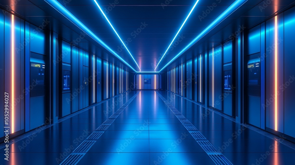 Sci-fi corridor made of metallic panels, glowing neon strips running along the floor and walls, reflective floor amplifying the lights, deep blue lighting, futuristic design Sci-fi corridor made of metallic panels, glowing neon strips running along the floor and walls, reflective floor amplifying the lights, deep blue lighting, futuristic design