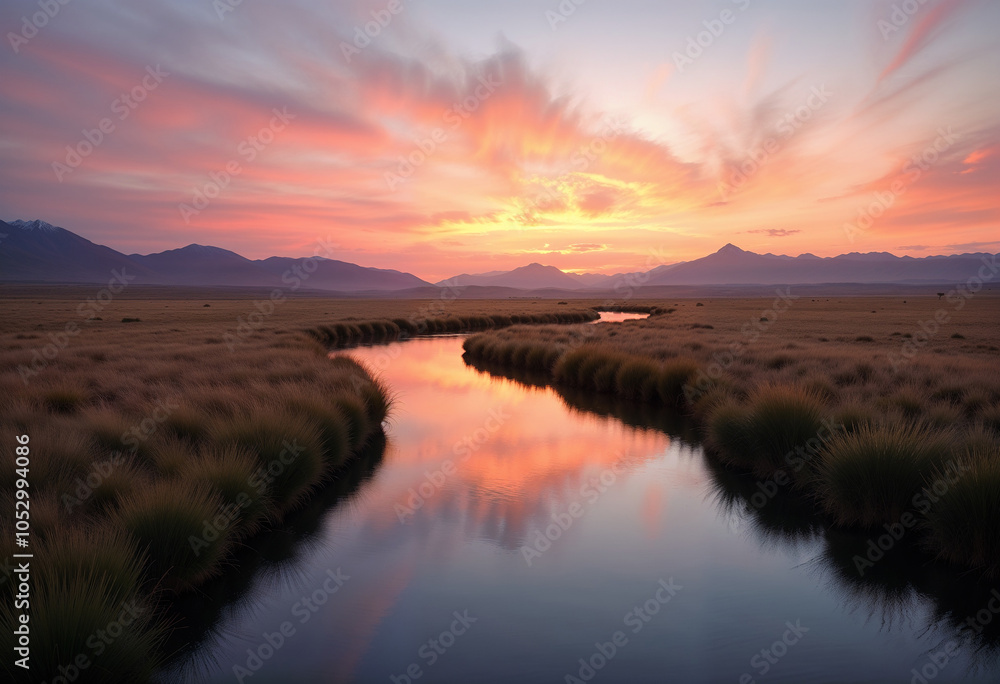 Fototapeta premium Tranquil River Meandering Through Golden Meadow During Magical Sunset Hour