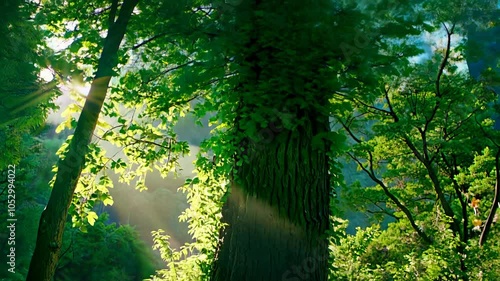 Tree trunk branches from bellow with sunlight nature green environment. Enchanting sun rays beautifully illuminating a beech forest photo