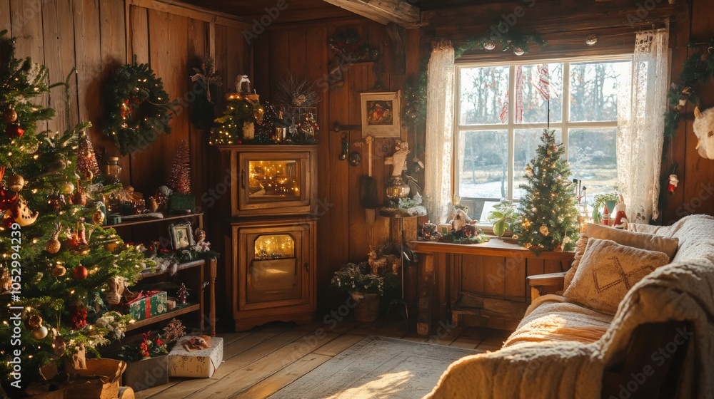 A wooden country living room with light coming in from a window on the right side of the house decorated for Christmas. A wooden country living room with light coming in from a window on the right side of the house decorated for Christmas.