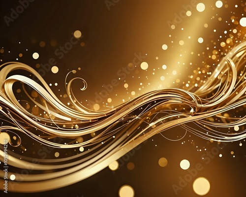 Elegant abstract background of golden swirls line with shimmering particles and bokeh decorations, Warm stage atmosphere idea for luxury branding