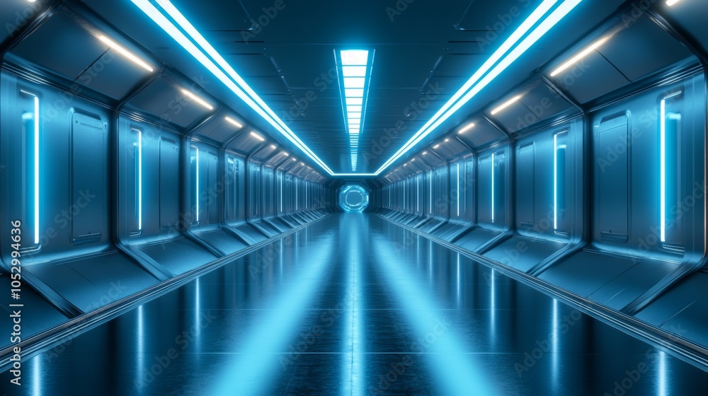 Fototapeta premium Shiny metallic passageway, reflective floor mirroring overhead lights, illuminated by soft blue and white neon, sci-fi atmosphere, 3D rendering, ultra-detailed textures