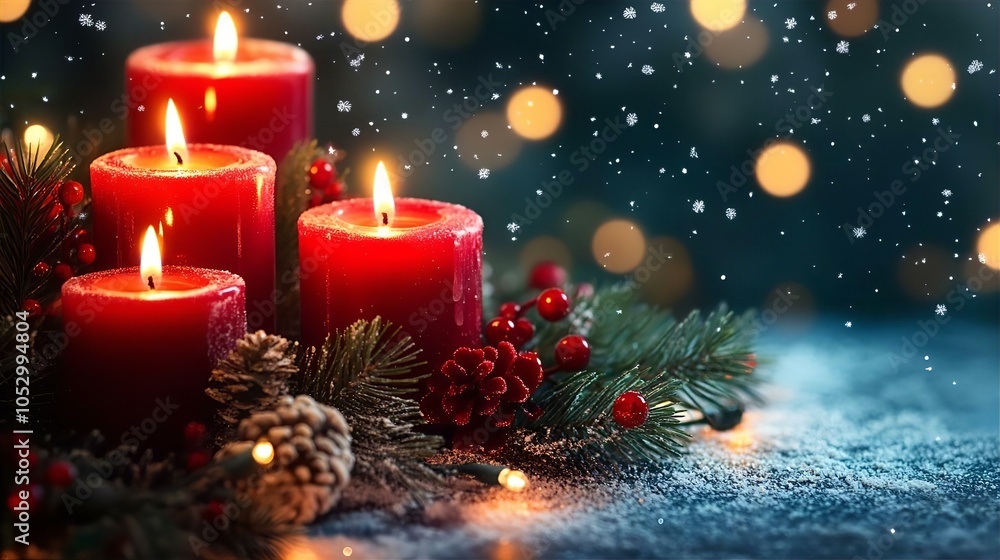 A warm and festive scene featuring a Christmas candle surrounded by beautiful decorations, evoking the spirit of the holiday season with shining ornaments and pine branches A warm and festive scene featuring a Christmas candle surrounded by beautiful decorations, evoking the spirit of the holiday season with shining ornaments and pine branches