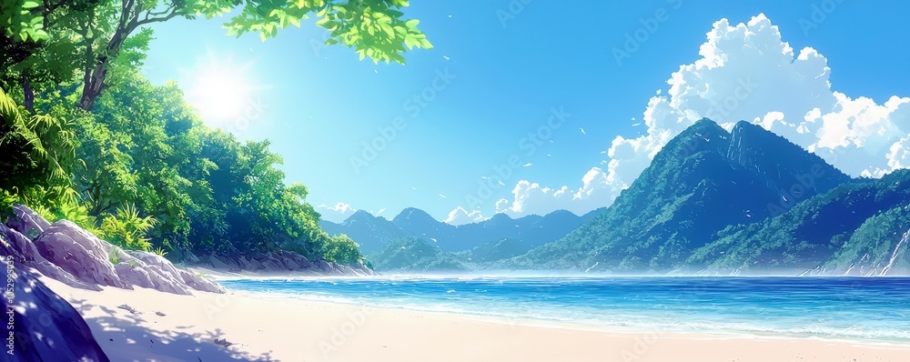 Fototapeta premium Serene Tropical Beach in Watercolor Style