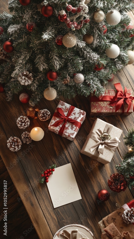 Obraz premium Christmas wooden table with presents and a Christmas tree with a card in the middle of the table.