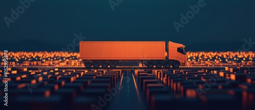 Orange Semi Truck Delivering Goods Across a Cityscape at Night,  Symbolizing Efficient Logistics and Urban Transportation