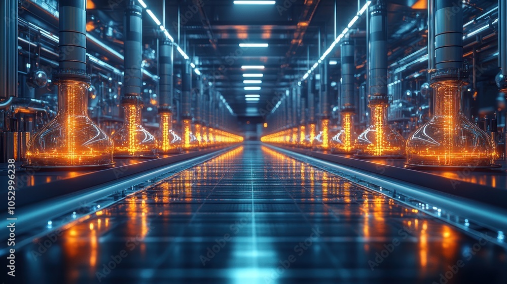 Futuristic laboratory with glowing flasks and high-tech environment. Futuristic laboratory with glowing flasks and high-tech environment.