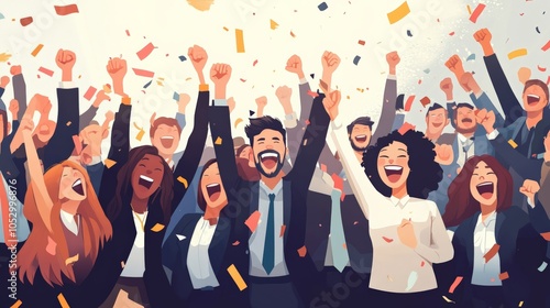 Image of many happy smiling business people celebrating, half body view.