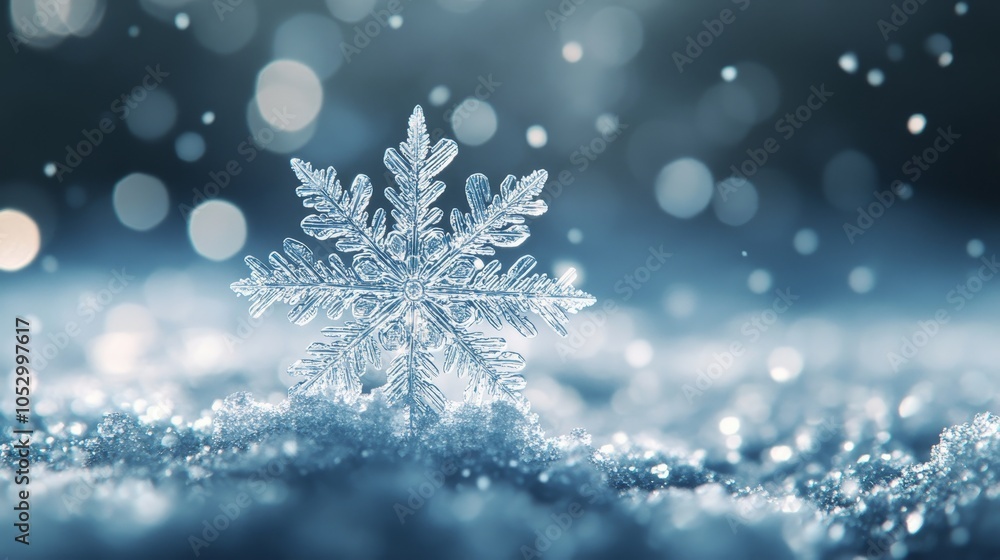 A stunning close-up of a snowflake sparkling as it falls, each frozen arm uniquely intricate, with a soft blur of snowy background creating contrast