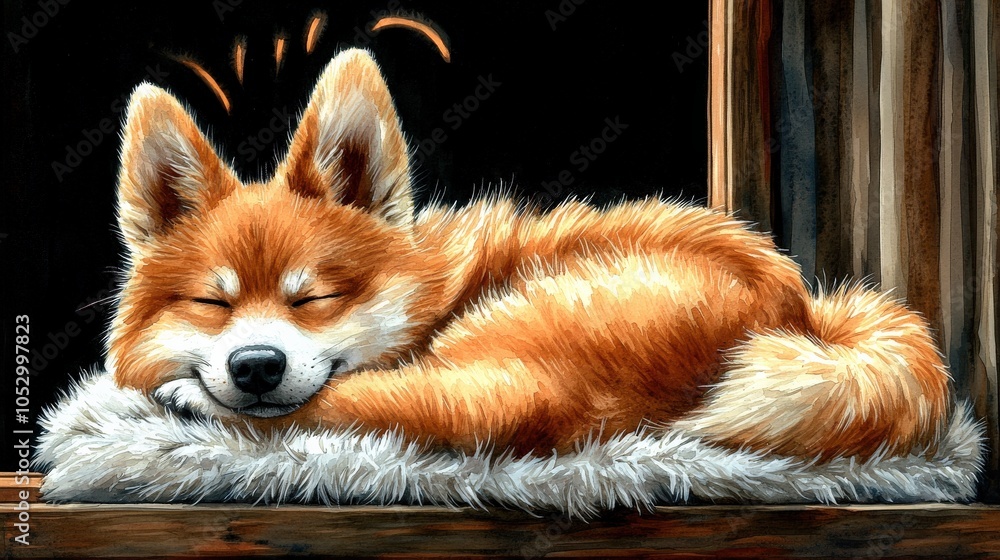 Obraz premium Adorable Sleeping Corgi on Fluffy Rug in Cozy Room with Soft Lighting and Relaxing Atmosphere - Perfect Pet Portrait Showcasing Tranquility and Comfort