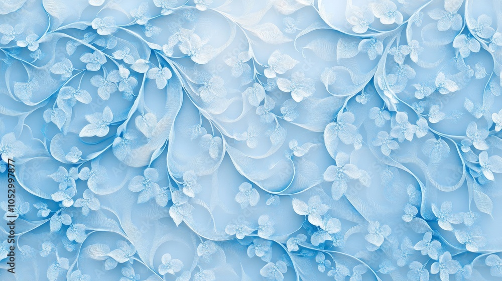 2410_005.lace-like botanical pattern, cerulean blue color scheme, intricate swirling vines, miniature star-shaped blossoms, asymmetrical design, frosted glass effect, modern art nouveau style, 2410_005.lace-like botanical pattern, cerulean blue color scheme, intricate swirling vines, miniature star-shaped blossoms, asymmetrical design, frosted glass effect, modern art nouveau style,