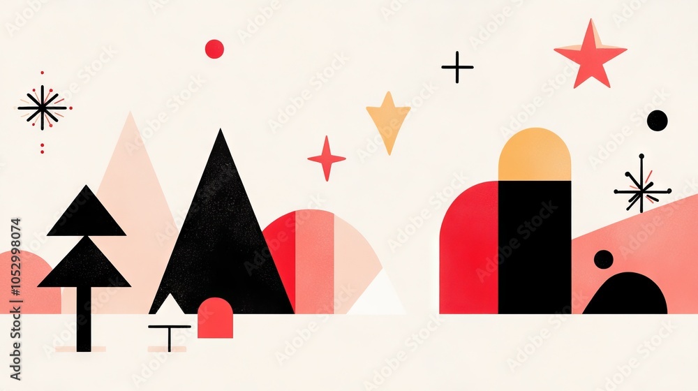 Obraz premium 2410_039.minimalist christmas collage, stylized winter iconography, abstract pine trees and stars, color block design, mid-century inspired holiday graphics, clean geometric shapes, sophisticated