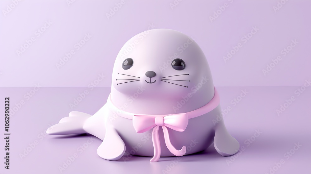Obraz premium A cartoon seal with a pink bow on a purple background.