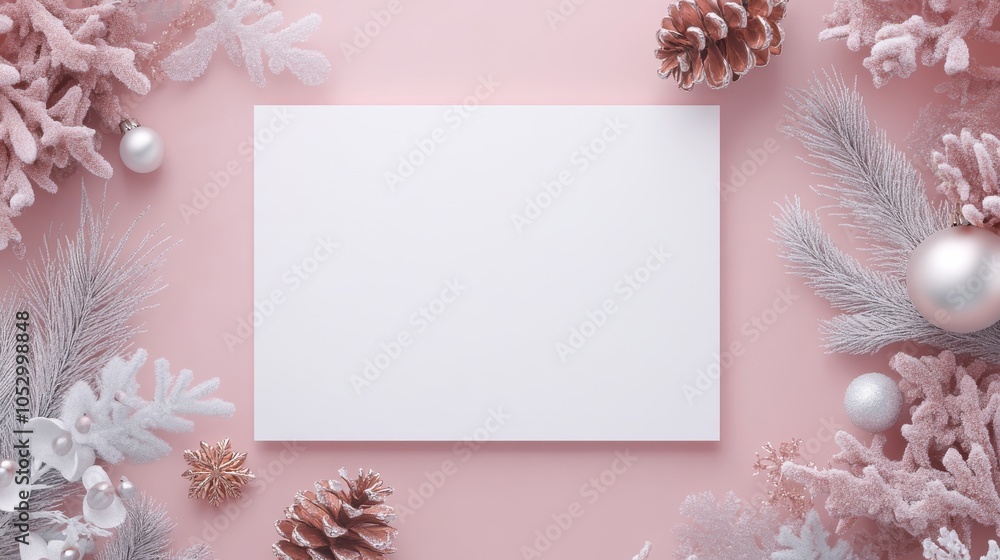 2410_078.minimalist festive composition, pristine white card mockup, frosted botanical elements, metallic rose gold pinecones, pearlescent decorative berries, silver dusted pine sprigs, pale dusty 2410_078.minimalist festive composition, pristine white card mockup, frosted botanical elements, metallic rose gold pinecones, pearlescent decorative berries, silver dusted pine sprigs, pale dusty