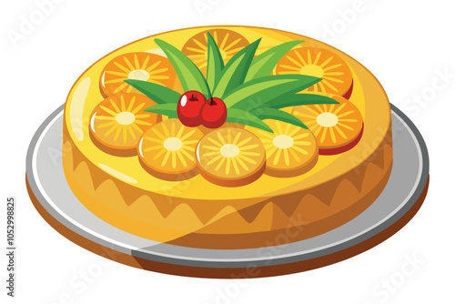 Pineapple Upside-Down Cake Icon – Whole Fruit Cake on Plate, Round Cake with Pineapple Slices on White Background.