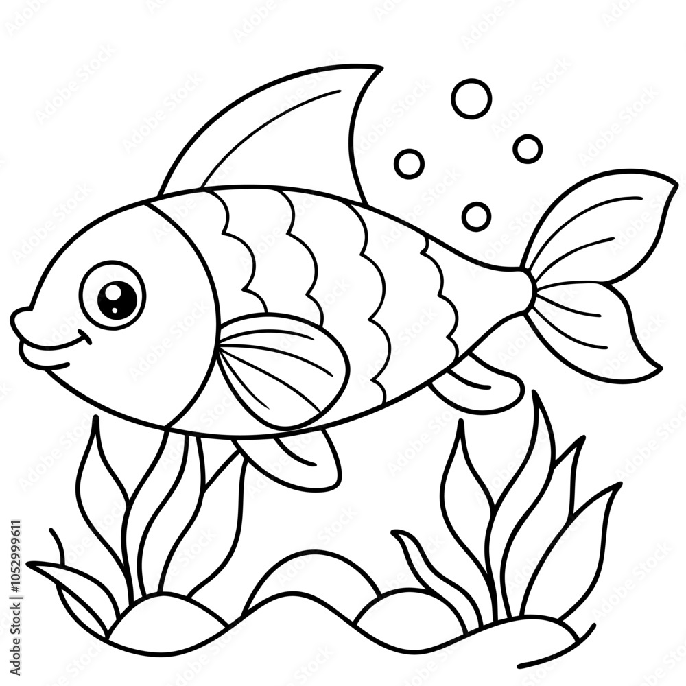 Fototapeta premium Fish in water with aquatic plants vector art coloring page illustration coloring book design 