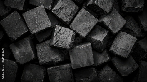 A close-up of black cubes arranged in a pattern, showcasing their texture and surface details.