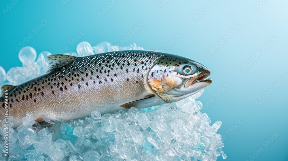 Salmon with Microplastics Against Blue Background A fresh salmon rests on a pile of clear plastic particles, symbolizing microplastic pollution in marine life and food contamination Salmon with Microplastics Against Blue Background A fresh salmon rests on a pile of clear plastic particles, symbolizing microplastic pollution in marine life and food contamination